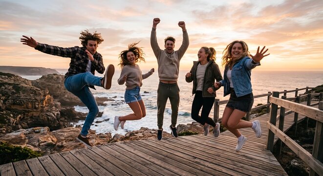 Happy Friendship Day friends jumping together near the ocean enjoying adventure freedom Friendship