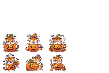Fototapeta premium Set of cute cartoon tiger characters dressed in festive halloween pumpkin costumes with autumn leaves bats and candy for holiday celebrations
