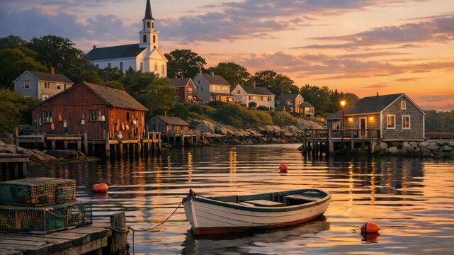 Sunset paints sky in warm orange hues above quiet harbor. White church spire stands tall against twilight backdrop. Small wooden boat floats near stacked lobster traps. Coastal homes reflect in calm