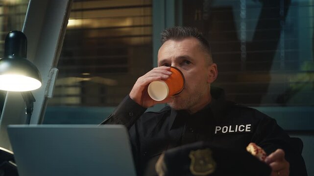 Middle-aged police officer drinking coffee and eating a donut during a break