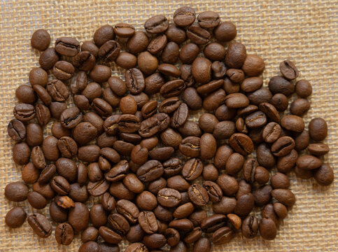A pile of aromatic roasted coffee beans on burlap