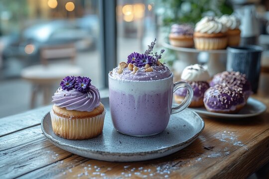Creamy ube latte served with delicious purple yam desserts in a stylish modern caf&eacute; setting.