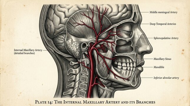 Anatomical illustration of the internal maxillary artery and its branc