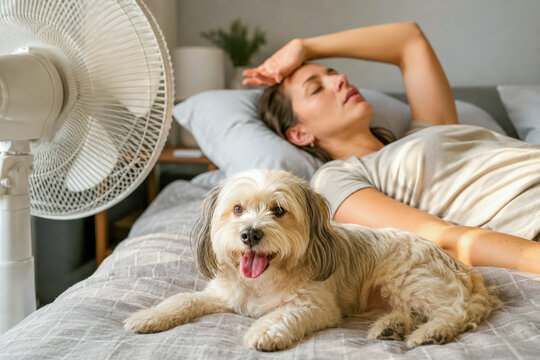 Woman and her dog lying on bed near an electric fan to cool down during hot summer day
