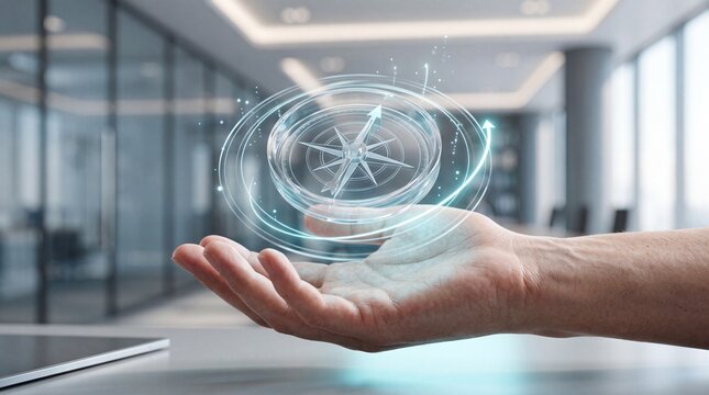Human hand holding futuristic holographic compass with glowing blue digital rings and arrow indicating direction and navigation in modern office environment with orientation transparent