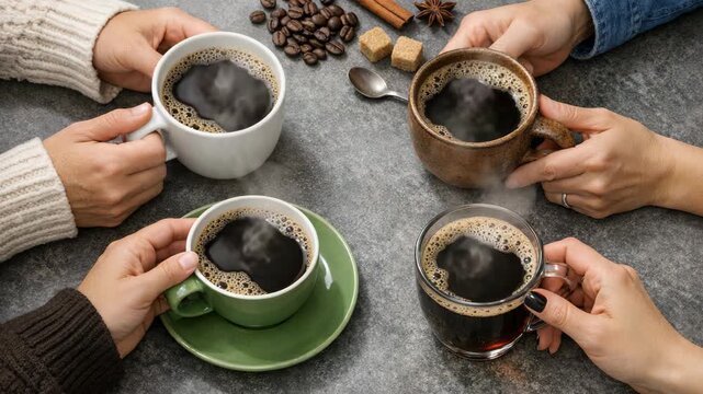 Four hands hold steaming coffee cups. Coffee beans and sugar cubes sit nearby. Hands show warm, cozy, social gathering. Steam rises from each cup. Scene suggests comfort and connection