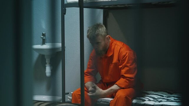 Bored male inmate sitting on a prison bed, serving time behind bars