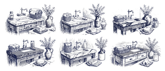 Vintage bathroom vanity sketch set featuring rustic stone sinks, wooden washstands, rolled towels, and eucalyptus vases in hand-drawn engraving style for cozy cottage home decor concepts. © Dinali