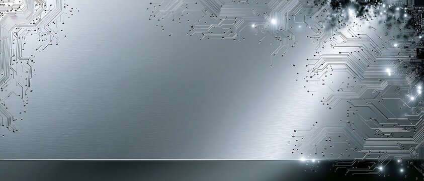 Circuit Board Pattern on Metallic Background with Light and Copy Space