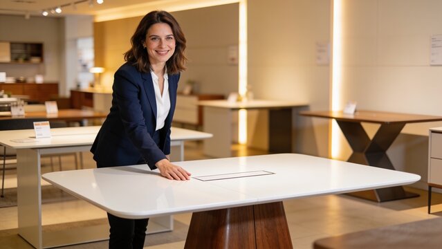 Happy woman comparing contemporary tables in a bright home d&eacute;cor store.