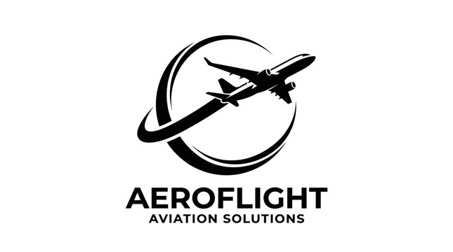 A sleek black and white logo for Aeroflight Aviation Solutions, featuring a modern passenger airplane flying in an upward arc within a circular design.