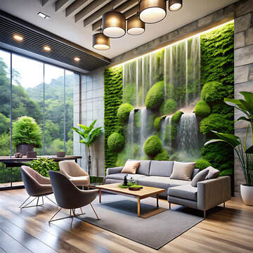 Interior scene featuring a lounge with a living wall and waterfall rendered in a realistic style