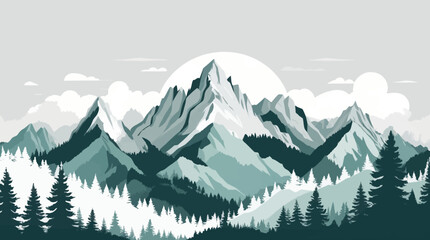 Fototapeta premium Panoramic Winter Mountain Landscape with Snow Covered Alpine Peaks Evergreen Forest and Scenic Valley Under a Clear Blue Sky in the Alps