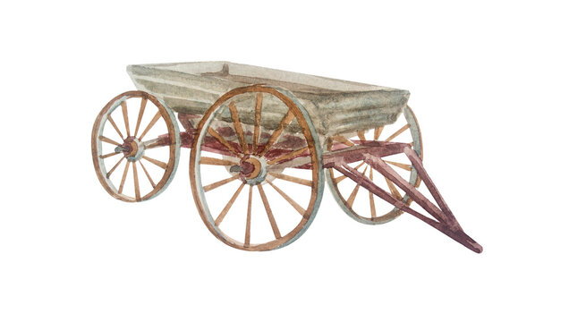 Watercolor vintage wooden farm wagon with realistic wheel detail. Isolated hand drawn rustic carriage illustration element for cottagecore country design. Empty old rural timber cart