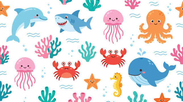 Cute sea animals pattern with dolphin shark octopus whale and crab on white background vector illustration