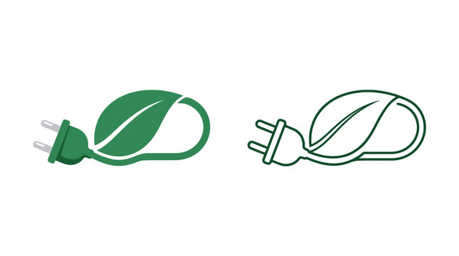 Eco friendly energy concept green plug with leaf symbol and line art version