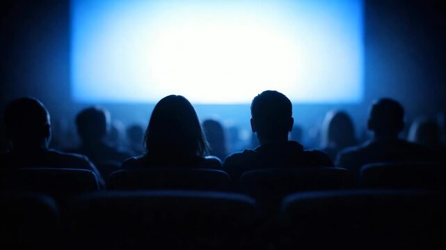 Silhouette of people watching a movie together in the dark.