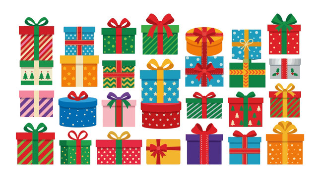 Flat vector illustration collection featuring diverse Christmas gift boxes with patterns including polka dots, diagonal stripes, stars, and chevron, decorated with colorful ribbons and bows.