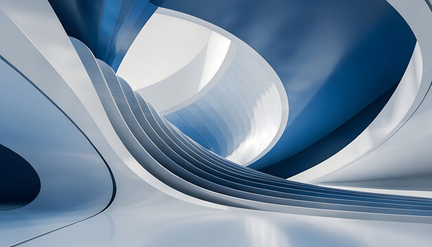 Curved metallic ribbons form an abstract architectural structure a 3d rendering in shades of blue