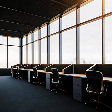 Modern office workstations with large windows overlooking a city skyline interior architecture desks cubicles workspace