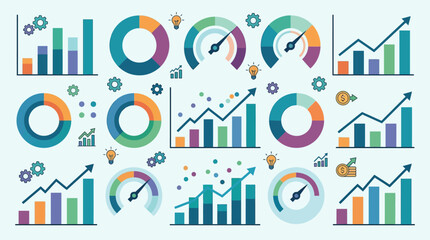 Fototapeta premium Vector set of business data visualization infographics including bar charts, line graphs, donut charts, gauge meters, and icons for financial reporting and analytics dashboard design.
