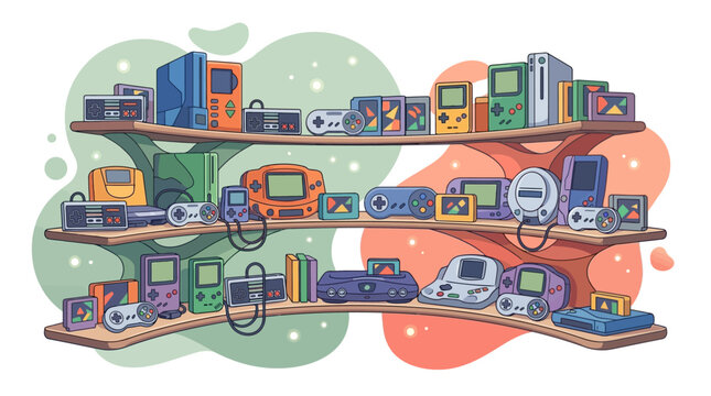 2D flat vector illustration of a retro gaming collection featuring various classic consoles, handheld devices, controllers, and cartridges displayed on stylized curved wooden shelves.