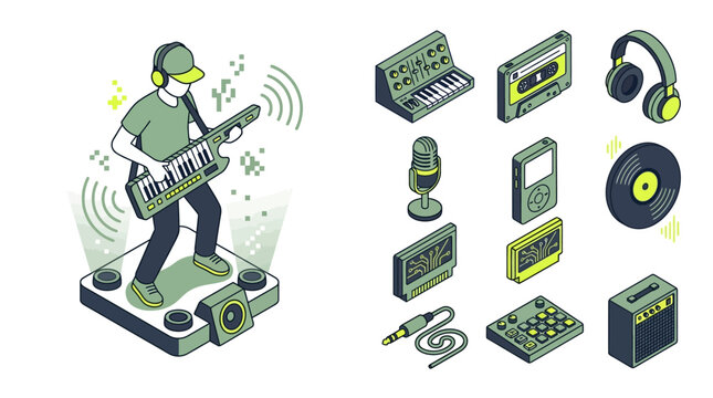 Isometric vector illustration of a musician playing a keytar on a stage, featuring music equipment icons like synthesizer, cassette, headphones, microphone, and vinyl record.