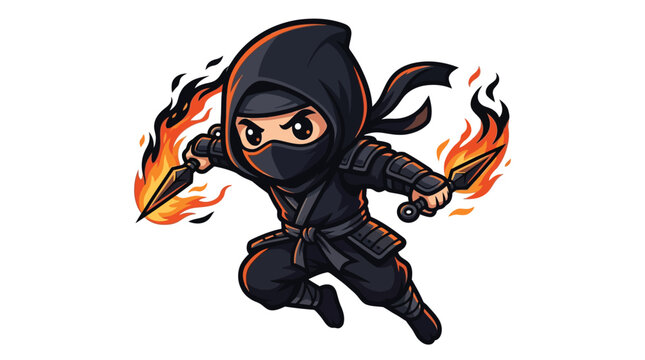 Vector illustration of a chibi ninja character in black armor holding flaming kunai daggers, jumping in a dynamic pose isolated on a white background for gaming mascot or logo.