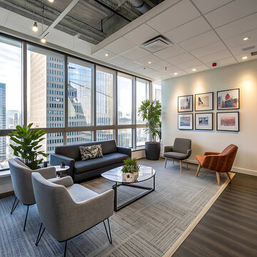 Modern office break room interior with gray sofa armchairs and cityscape view breakroom workplace furniture