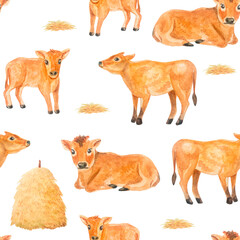 Obraz premium Watercolor farm seamless pattern with cute brown jersey calves and haystacks on transparent background. Hand drawn rustic country cottagecore repeating texture for digital paper and textile design.