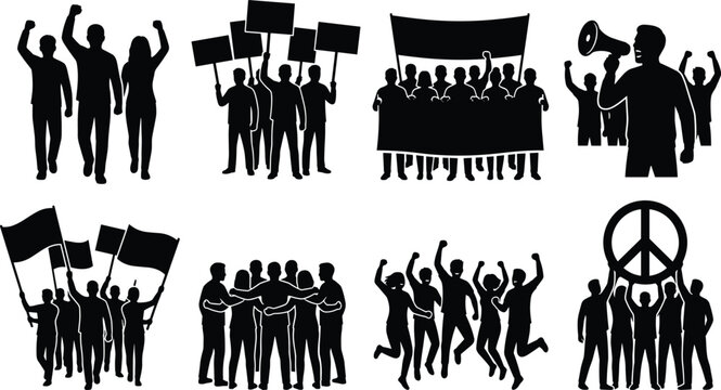 Silhouette collection of diverse crowd protesting with blank signs banners flags megaphones and peace symbols for social activism