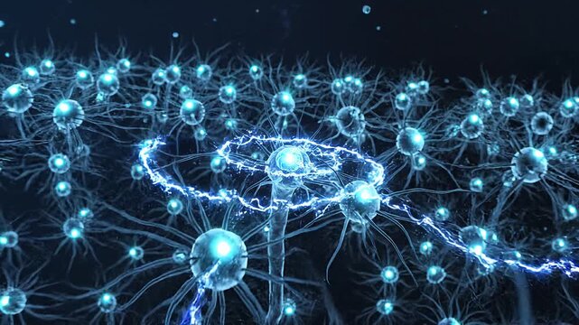 Thought forming inside a glowing neuron triggers electrical impulses that spread across a vast neural network, visualizing brain activity in a cinematic 3D animation.