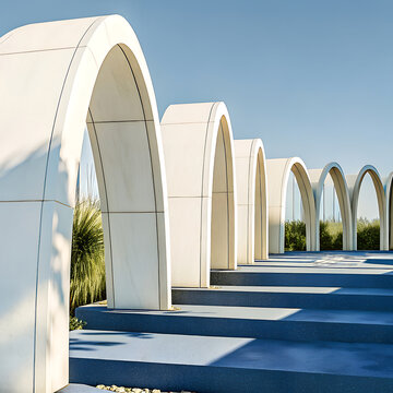 Arched wall panels in a modern architectural setting rendered in a 3d style with a bright blue sky