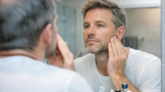 A middle-aged man with a stubble beard shaving in front of a bathroom mirror.