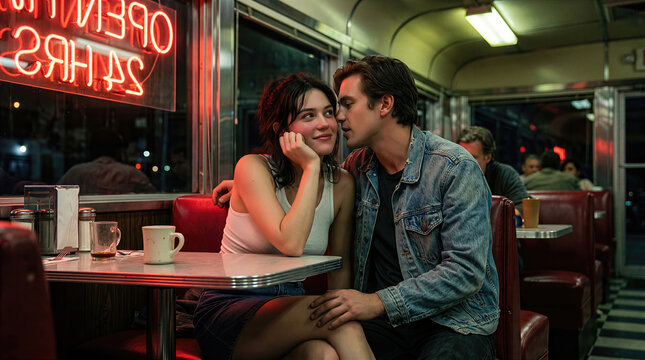 Young man kissing forehead of woman in retro diner at night with neon sign. Couple on romantic date indoors. Concept of love, romance and nostalgia
