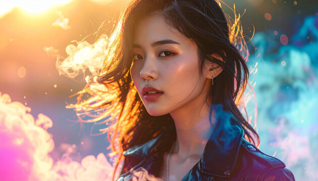 Beautiful young woman with long hair and colorful smoke background