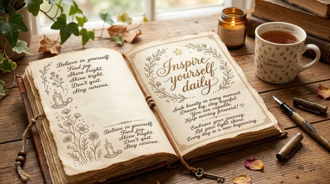 Inspiring journal open on a wooden table with a cup of tea, scented candle, and pens, promoting self-reflection and personal growth