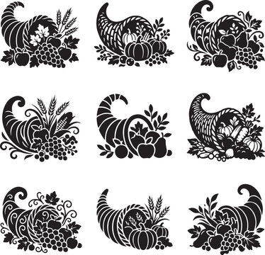 Vintage Thanksgiving cornucopia vector icons, black and white autumn harvest horn of plenty set, 9 decorative fall fruit and vegetable silhouettes