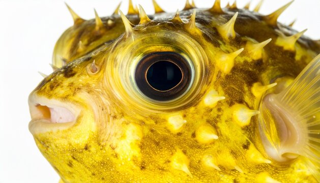 Macro Close-up of Yellow Porcupinefish Eye and Spiky Skin Isolated on White