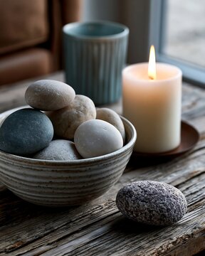Stone Decor with Burning Candle on Rustic Wood Table for Relaxation