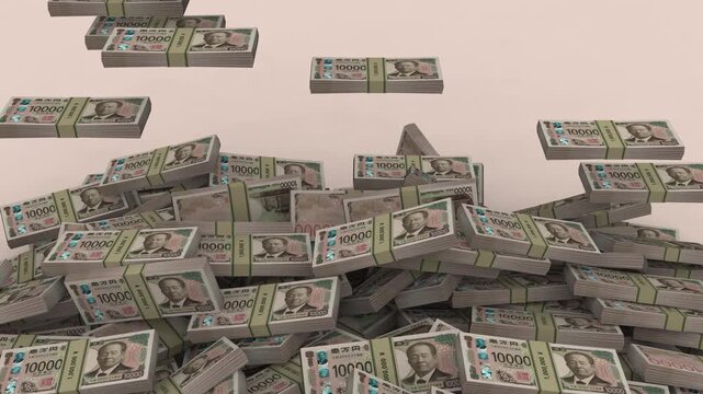 Stacks of japanese yen banknotes falling and piling up towards the viewer.
