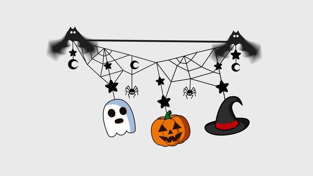 Seamless Loop Halloween Hanging Garland Animation with Alpha Channel, Ghost, Pumpkin and Witch Hat 2D Vector Motion Graphics