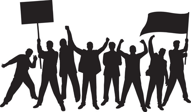 Silhouette of Protesters Holding Signs and Flag on White Background Keywords: protest, demonstration, rally, crowd, people