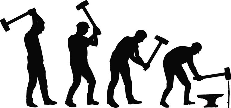 Silhouettes of a blacksmith hammering metal on an anvil vector illustration