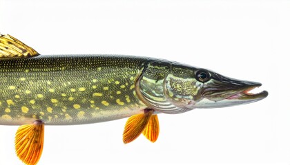 Naklejka premium Northern Pike Fish Head Profile Isolated on White Background Predator Freshwater Fish