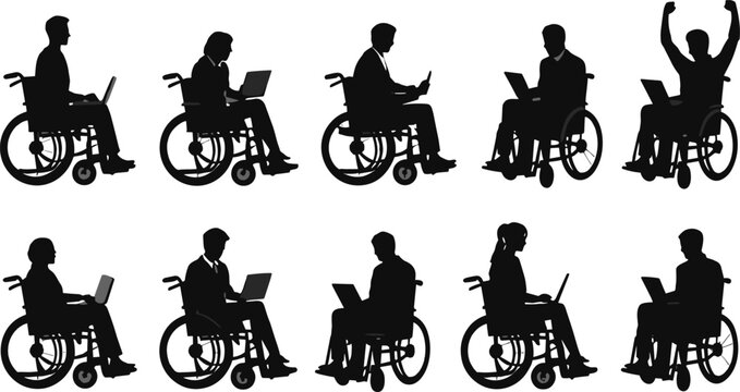 Silhouettes of people in wheelchairs using laptops in various poses disability accessibility