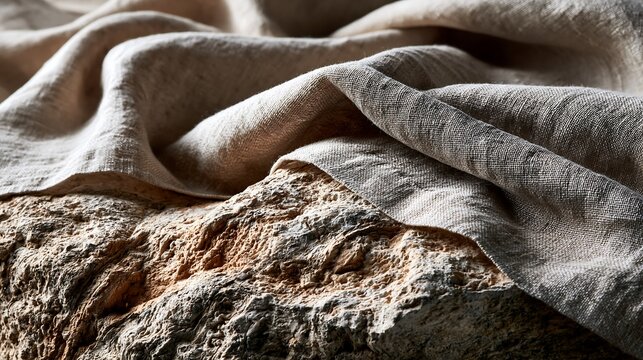 Natural textured fabric drape over a rough weathered stone surface background