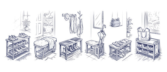 Obraz premium Entryway shoe rack bench sketch set of hallway furniture line art illustrations for home organization, storage solutions, coat hanger, umbrella stand, and minimalist entryway interior decor ideas.