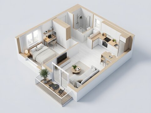 Isometric interior design layout of a studio apartment with balcony, apartment