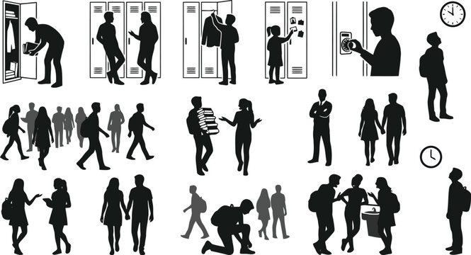 Black silhouettes of students in a school hallway, using lockers, walking, talking, reading books, and checking the time on a wall clock